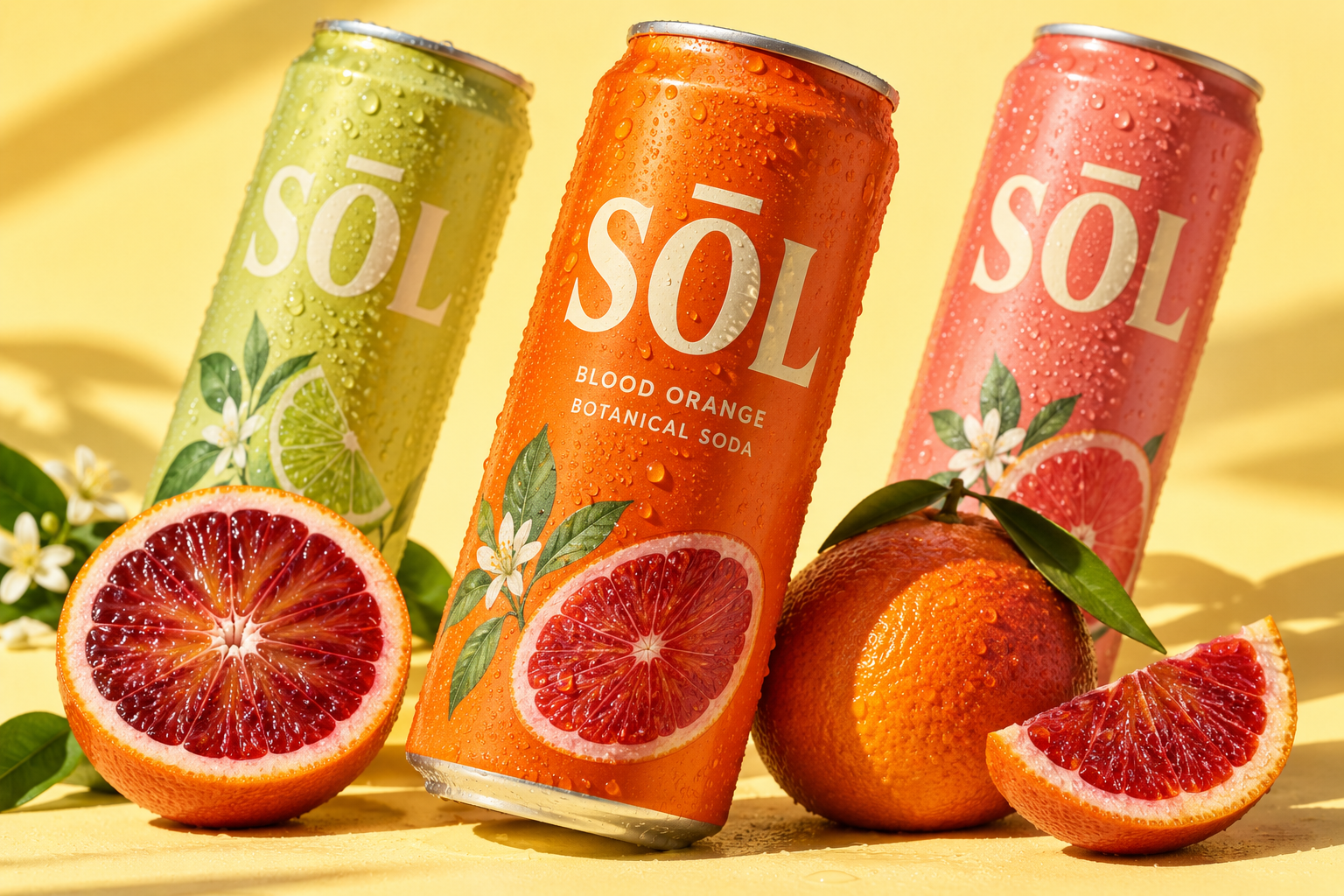 SŌL botanical soda cans with fresh blood oranges
