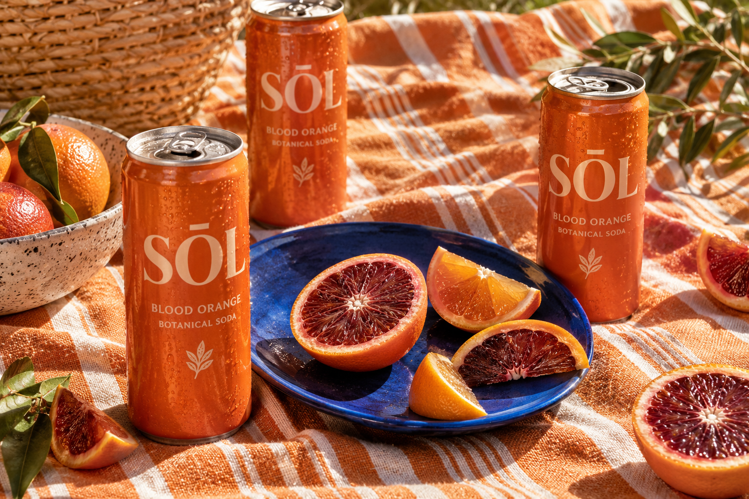 SŌL blood orange soda at a sunny picnic with citrus and a cobalt blue plate
